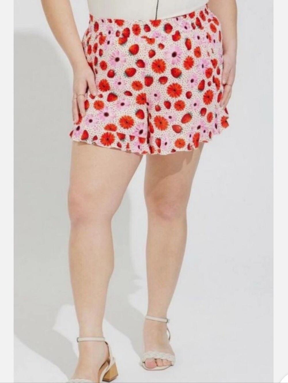 Torrid Plus Size 1x: NEW Retro Chic Pink Shorts Happy Daisy Strawberry Print